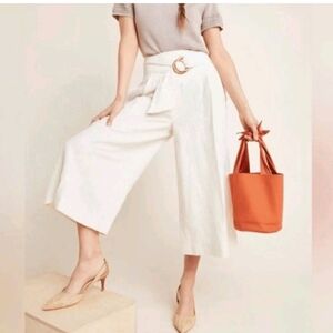 By Anthropologie Women’s Cream Pinstripe Wide-Leg Tie-Belt Cropped Pants ***READ